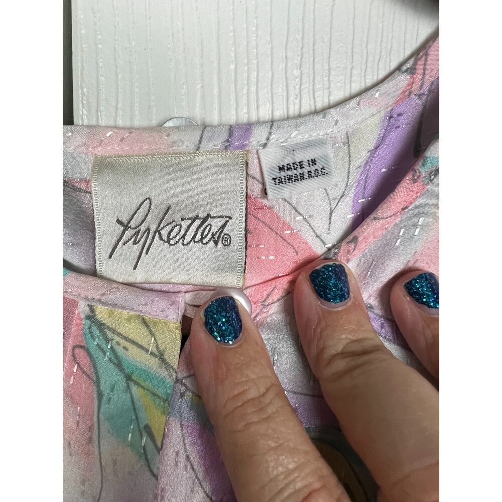 Vintage 70s White Watercolor Floral Pastel Metallic Secretary Blouse Size Large‎ - Picture 2 of 10